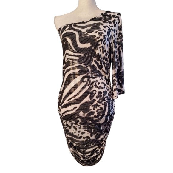 Body Central One-Shoulder Zebra Cheetah Print Ruched Bodycon Mini Dress Size M - Picture 1 of 7